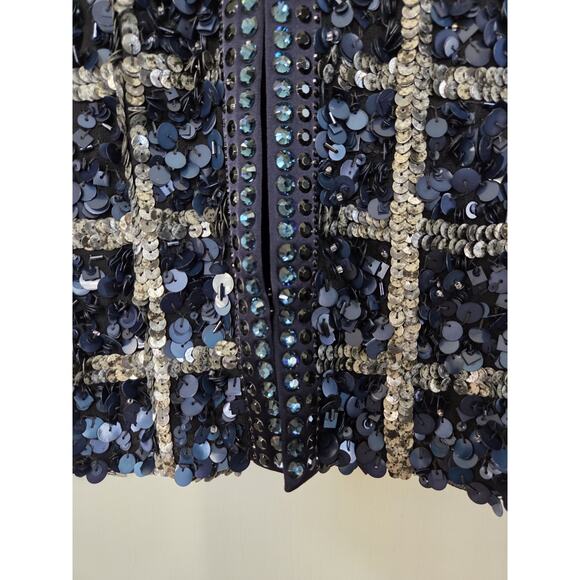 St. John Hand Beading Silk Sequin Rhinestone Navy Formal Evening Jacket, Large - Picture 6 of 14
